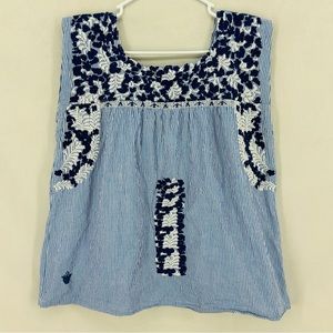 J. Marie Women’s Large Blue White Embroidered Stripe Tank Top Cotton Libby